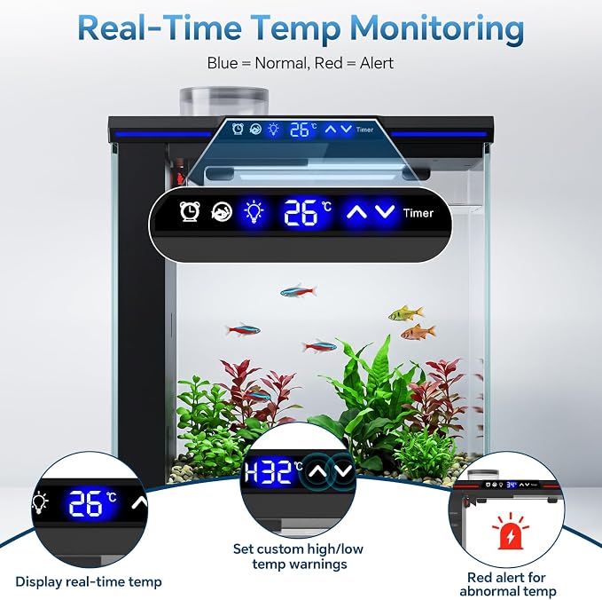 AQQA 7.88 Gallon Aquarium Starter Kit, Glass Fish Tank 3-Stage Filtration | Real-Time Temp Monitor, 4-Color Timed LED Light, Quiet Pump, Self Cleaning Desktop Tank for Betta Shrimp, Black