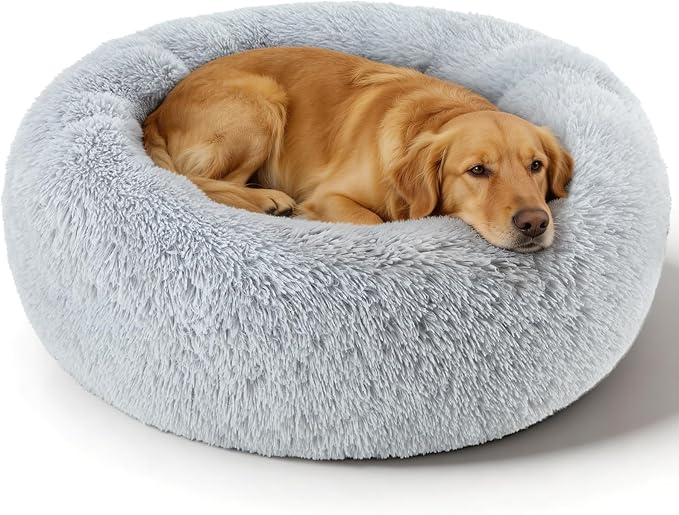 Dog Calming Beds for Small Medium Large Dogs - Round Donut Washable Dog Bed, Anti-Slip Faux Fur Fluffy Donut Cuddler Anxiety Cat Bed(36" Light Gray)