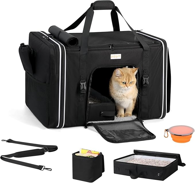 pidipiti 24 x 17 x17 Extra Large cat Carrier up to 30 lbs,for pet car Travel and Long Road Trip,with Curtains and Leakproof Portable Litter Box