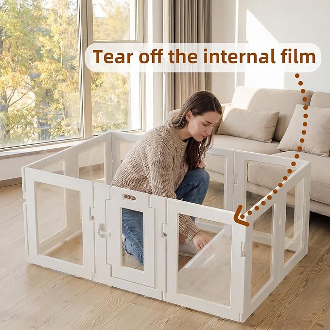 Clear Acrylic Dog Playpen Indoor, Puppy Cat Small Pet Play Pen, Easy Assemble & Disassemble Sturdy Plastic Dog Fence with Heavy Duty Door Lock (24In H, 10PCS), White