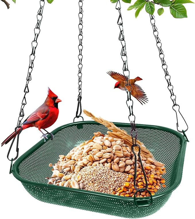 Hanging Bird Feeder for Outdoors – 11 in Square Metal Mesh Bird Feeder Tray Platform for Wild Birds, Green