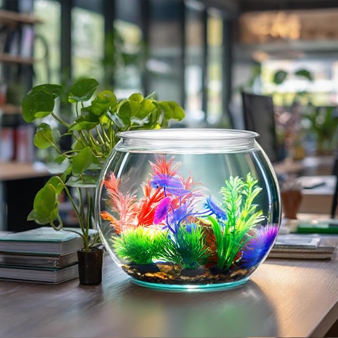 1 Gallon Plastic Betta Fish Bowl with 6 Pcs Artificial Plastic Plants and 500g Decorative Gravel, Betta Fish Tank and Decoration Accessories Small Large Bowl Ornaments Starter Kit