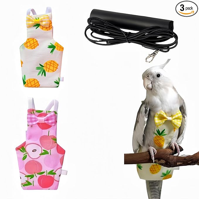 2 Pcs Bird Diapers Bird Harness Flight Suits Diapers with 80in Flying Leash Reusable Parrot Nappy with Waterproof Inner Layer for Cockatiel Budgie Conure Parakeet Lovebird-Apple&Pineapple