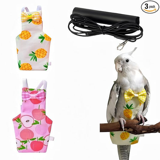 2 Pcs Bird Diapers Bird Harness Flight Suits Diapers with 80in Flying Leash Reusable Parrot Nappy with Waterproof Inner Layer for Cockatiel Budgie Conure Parakeet Lovebird-Apple&Pineapple