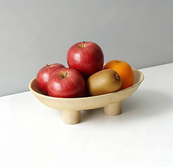 Three-Leg Ceramic Fruit Bowl, 10 Inch Oval Serving Dish for Kitchen Counter, Candy or Key Holder, Home Decor Accent Beige