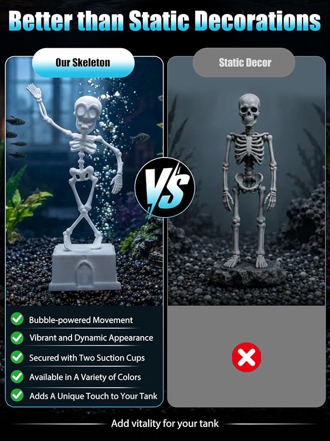 Dancing Skeleton Aquarium Bubbler, Halloween Fish Tank Decor(White) | Adjustable airflow with 1m hose & valve. Safe resin, for freshwater/saltwater tanks. Air pump not included.