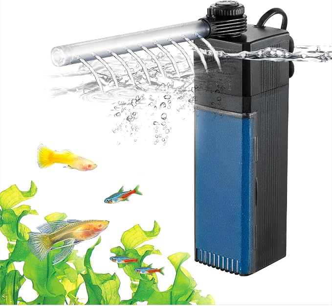 Submersible Internal Aquarium Fish Tank Filter 10~20 Gallon Tank, 65GPH 4W | 3-Stage Filtration, Adjustable Water Flow, Aeration & Rainfall, Easy Clean
