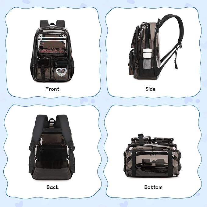 MOONBABY Clear Backpack for Girls, Clear Bookbag Heavy Duty Transparent Backpack for Stadium Events, See Through Back Pack for Kindergarten Elementary Middle High School, Semi Black