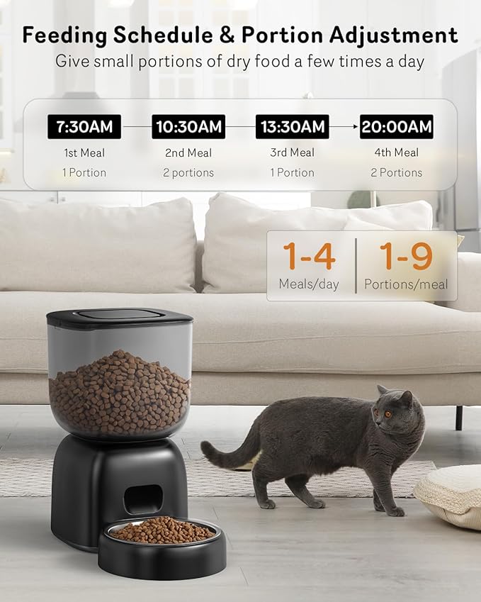 Automatic Cat Feeder, 3L Cat Food Dispenser Battery-Operated with 180-Day Battery Life, Timed Pet Feeder for Cats and Dogs, Desiccant Bag, Programmable Portion Control, 10s Voice Recorder