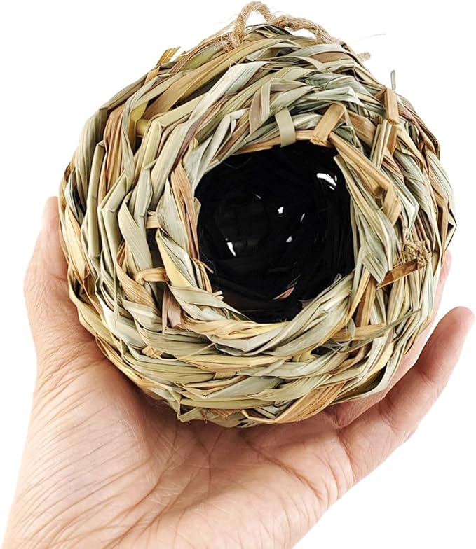 TIHOOD 4PCS 5.5inch Hanging Hummingbird Nest House for Outside, Ball Shape, Hand Woven, Durable Sturdy, Made of Natural Grass, Perfect for Garden Patio Lawn Office Indoor