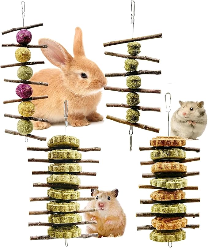 Rabbit Hanging Chew Toys Bunny Chew Toys Natural Apple Wood Branches with Grass Balls Cake Improve Teeth Health Hamster Rabbit Chinchilla Teeth Grinding Treats