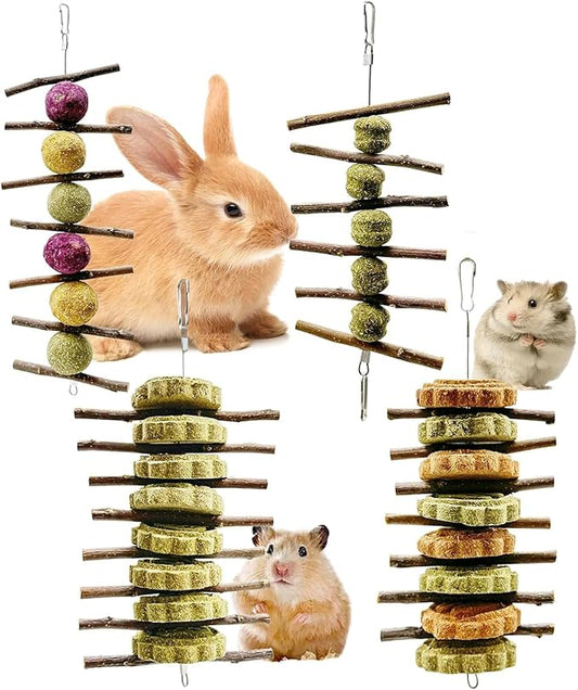 Rabbit Hanging Chew Toys Bunny Chew Toys Natural Apple Wood Branches with Grass Balls Cake Improve Teeth Health Hamster Rabbit Chinchilla Teeth Grinding Treats