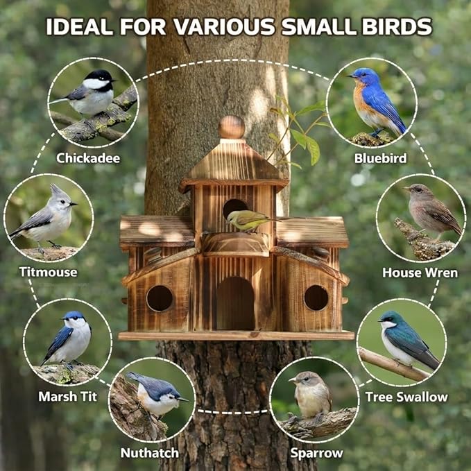 Bird Houses for Outside, Wooden 6 Hole Bird House Room for Multiple Birds, Outdoors Hanging Birdhouse Nesting Box for Garden, Bird Hotel for Wren Chickadee Sparrow