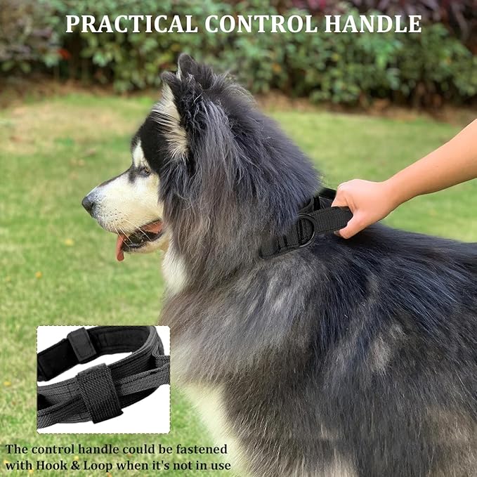 Tactical Dog Collar with Handle - Military Adjustable Dog Training Collar Soft Nylon and Heavy Duty Metal Buckle for Medium Large Dogs - with Patch (Black, X-Large)