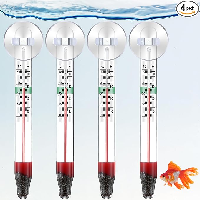 Dreyoo 4 Pack Floating Aquarium Thermometers, 0-43°C/32-110°F | with Suction Cup, Glass Material, Mercury Free Large Standing Thermometer for Freshwater and Saltwater Fish