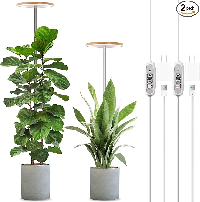 LORDEM Bamboo Grow Light for Indoor Plants, 2 Pack | Full Spectrum LED, Height Adjustable, Auto Timer 4H/8H/12H, 4 Dimmable Levels, Ideal for Large Tall Plants