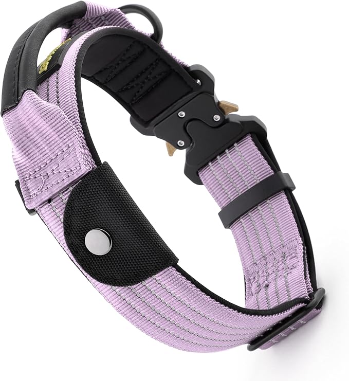 Plutus Pet Tactical Dog Collar with Tracker Pocket for AirTag, Adjustable Reflective Nylon Collar, Metal Buckle, Leather-Wrapped Handle, Soft Padded for Medium Large Dogs (Purple, L)