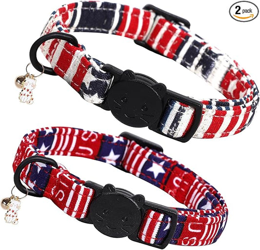 Elegant little tail Independence Cat Collar- 2 Pack Flag Print Cotton Breakaway Cat Collars with Bell Pendant Kitten Boy Girl Safety Adjustable Collar for Small Cats Puppy