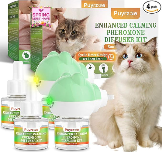 puyrzoe Cat Calming Diffuser with 3 Timing Functions, 6-in-1 Cat Pheromones Calming Diffuser Kit, 120-Day Anxiety Relief, Stress Reduction & Relaxation for All Cats (2 Diffusers + 4 Refills)