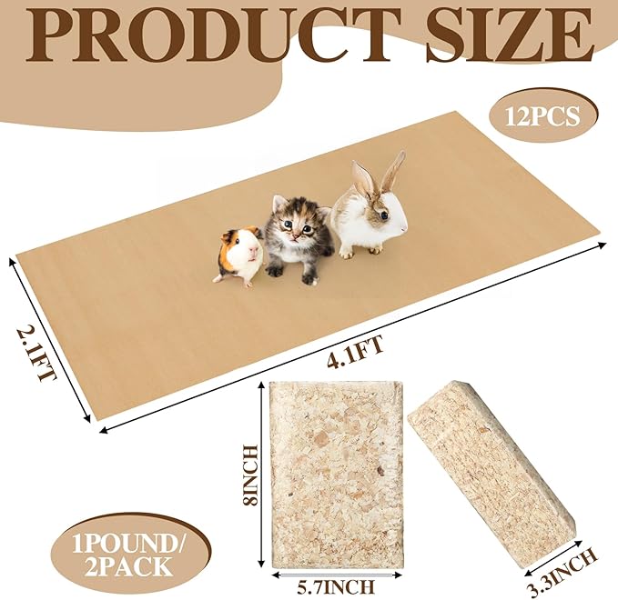 AmazingSpark 14 Pcs Guinea Pig Cage Accessories Include 12 Pcs 4.1 x 2.1 ft Disposable Guinea Pig Cage Liner 2 Pack 35 oz Pet Shavings Bedding Waterproof Kraft Bottom for Small Animal Hamster Rabbit