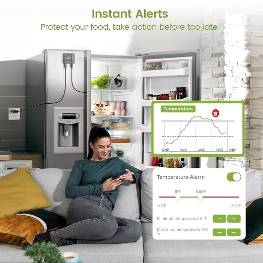 2 Pack WiFi Freezer Alarm Refrigerator Thermometer, App Alerts | Two-sensor freezer/fridge alarm for two rooms or two homes, alerts on power outage or WiFi loss, +/-0.9F at -40F, no hub