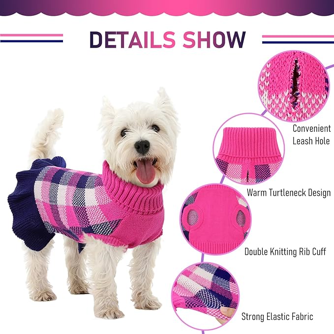 Dog Sweater Dress Plaid Knitwear for Small Medium Dogs Warm Puppy Pet Turtleneck Stretch Pullover Cute Fall Winter Vest Clothes with Leash Hole for Christmas (Navy, 2XL)