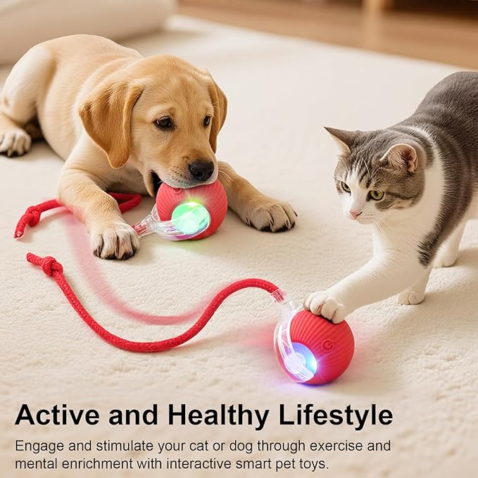 Smart Interactive Automatic Electric Rolling Moving Rechargeable Motion Activated Self Solo Play Electronic Stimulation Chase Teaser Ball Toy with Rope for Indoor Bored Adult Cat and Dog, Pink