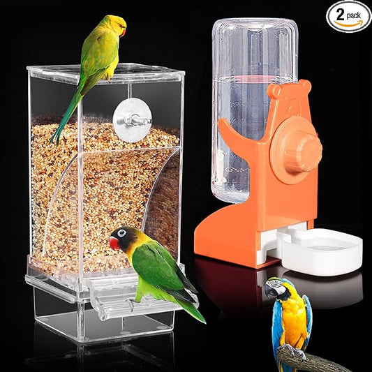 No Mess Bird Feeder for Cage, Automatic Drinker for Parakeet, Canary & Budgies (Orange)