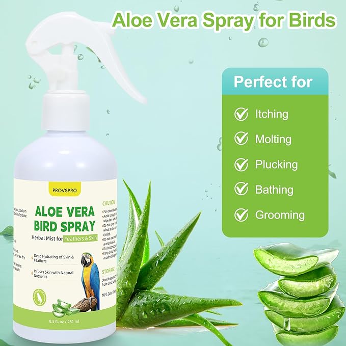 Aloe Vera Bird Spray, Moisturizes Feathers Soothes Dry Itchy Skin, Supports Molting Healthy Plumage, Prevent Feather Plucking Gentle Care, Safe Effective for Parrots Finches All Birds, Odor-Free