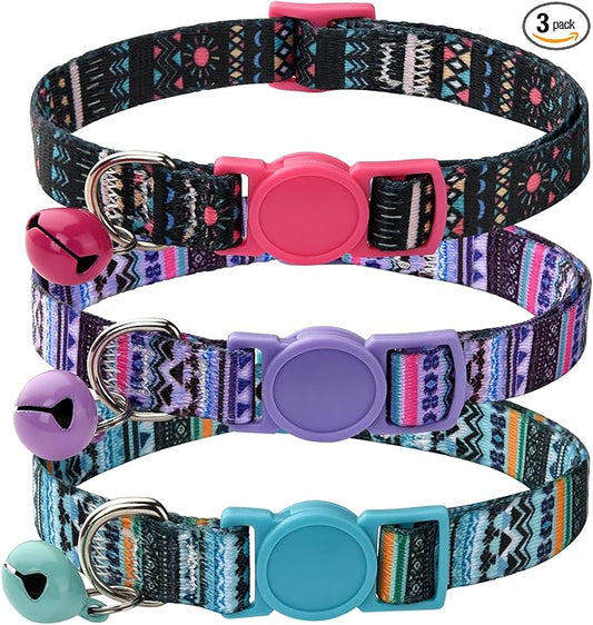 MarukoPet Cat Collar Breakaway with Bells, 3 Pack Girl Boy Pet Cat Collar with Bohemia Floral Tribal Geometric Patterns, Adjustable 7.5-12 Inch, with Safety Buckle for Kitten Cat(Set B)