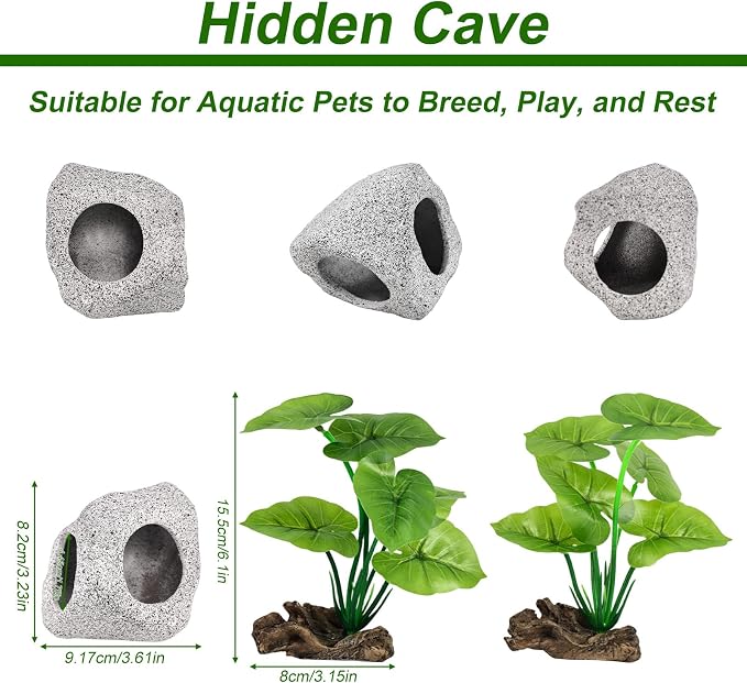 3pcs Fake Fish Tank Decor Set, Silk Realistic Aquarium Plants with Hideaway Rock Cave Fish Tank Accessories for Betta Goldfish Turtle Aquarium Decorations