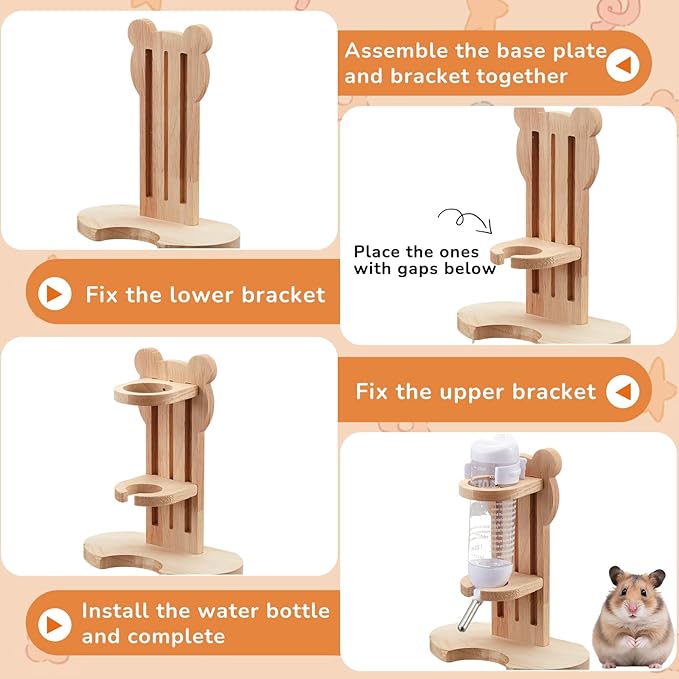 18 Pcs Hamster Cage Accessories, Silent Hamster Wheel, 15 Chew Toys Set, Maze Wood House and Water Bottle Set for Rat Mice Small Animals Habitat (Harmony Wooden Style)