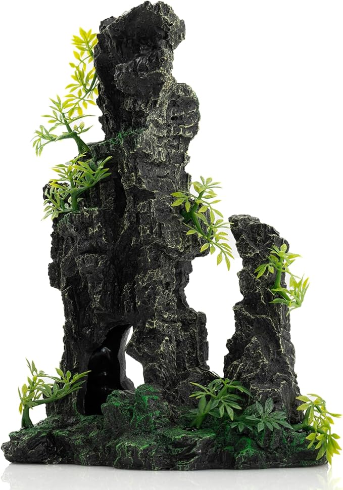 Aquarium Mountain View Stone Ornament, Large Resin Hideout Cave for Betta & Shrimp, Fish Tank Decor Rock Cave with Fish Cave and Hideouts (7.87" x 4.72" x 11.81")