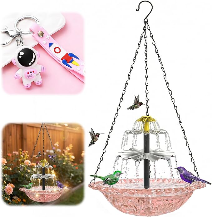 Solar Fountain for Bird Bath, Hanging Cascade Water Feature for Outdoor Garden & Yard Decor, Creates a Relaxing Flow that Attracts Birds (Pink(XL))