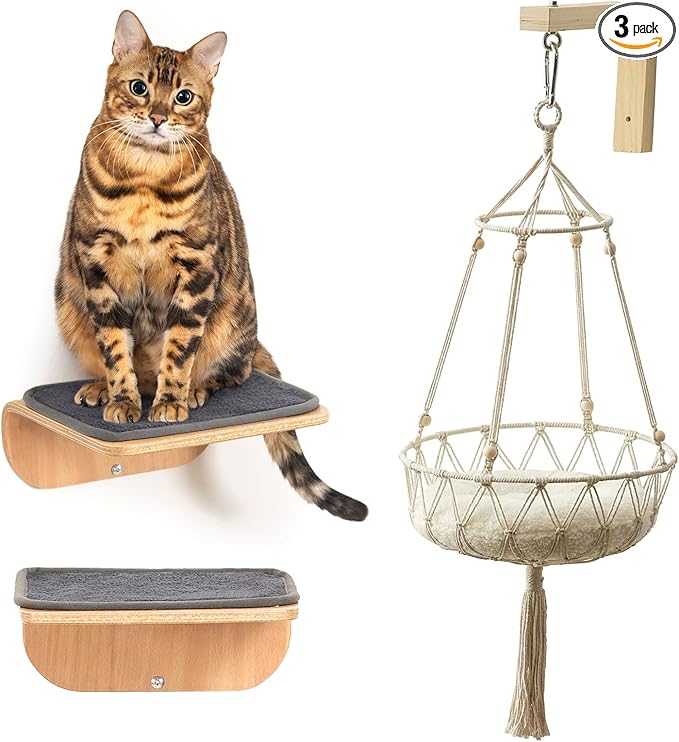 Cat Wall Shelves for Cat Wall Steps, Perch, Ladder, Wooden Floating Modern Mounted Space Saving Furniture with Scratching Cushion Removal Cover for Climbing, Jumping and Sleeping(Steps & Hammock)