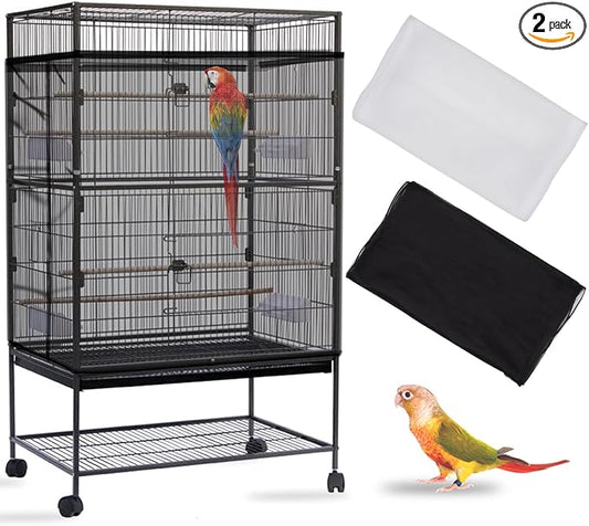 Daoeny 2PCS Bird Cage Seed Catcher, Large Bird Cage Cover, Adjustable Soft Airy Nylon Mesh, Birdcage Cover Skirt Seed Guard for Parrot Parakeet Macaw Round Square Cages (Black & White)