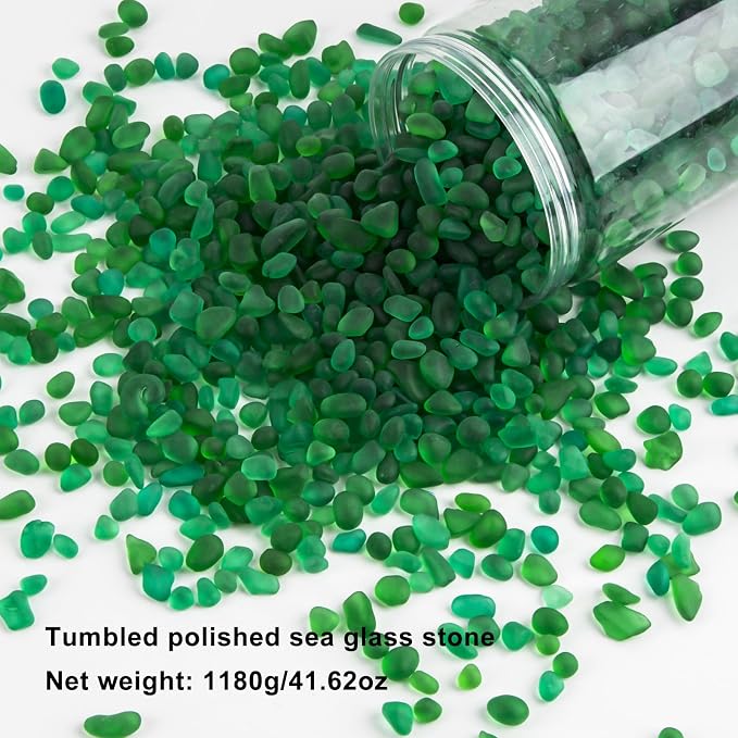 QEQEKAKA Sea Glass Stones for Crafts 2.75LB Green Pebbles Gemstones Bulk | Small Glass Stones for Beaching Wedding DIY Decor Aquarium Turtle Tank Vase Filler (1180g/41.62oz)