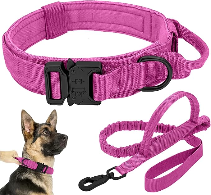 Tactical Dog Collar Leash Set, Adjustable Military Training Nylon Collar Dog Training with Control Handleand Metal Buckle, Dog Collar for Medium Large Dogs (Pink,L)