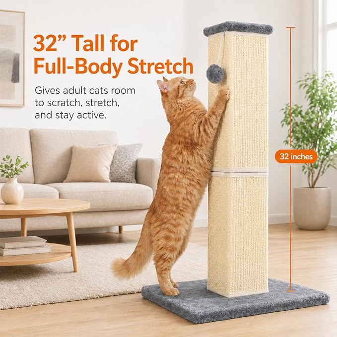 32" Tall Cat Scratching Post for Large Indoor Cats & Kittens, Cat Scratcher with Extra Large Stable Base and Natural Sisal, Sturdy Cat Scratch Post to Protect Furniture & Couch, Grey