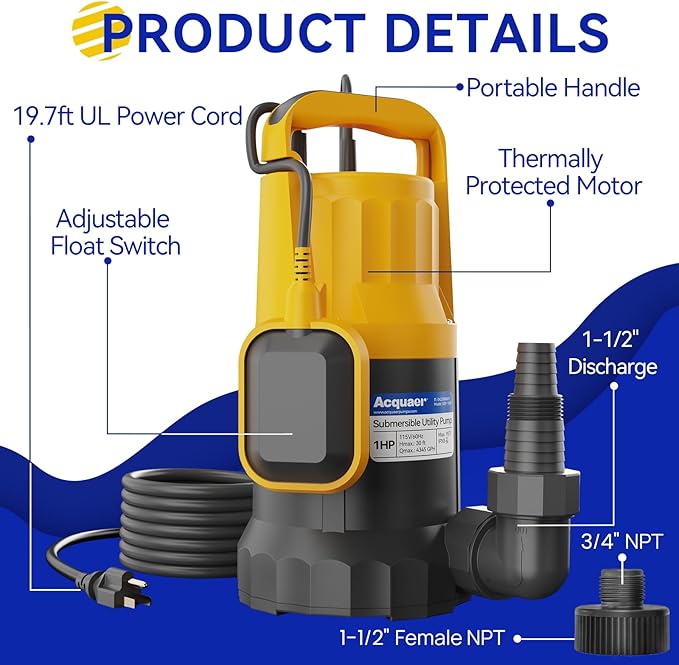 Acquaer 1HP Sump Pump Submersible 4345GPH Water Pump with Automatic Float Switch for Water Removal in Hot Tubs, Pools, Basements, and Garden Ponds