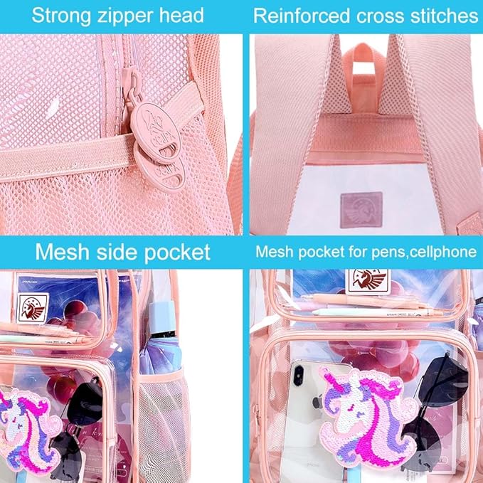 3PCS Clear Backpack for Girls, Kids Unicorn Transparent Backpack with Heavy Duty PVC, See Through Backpacks with Lunch Bag-Pink