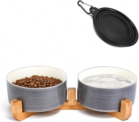 Petygooing Ceramic Cat Dog Bowl Set with Wood Stand, 13.5OZ/5.1 in, Grey White
