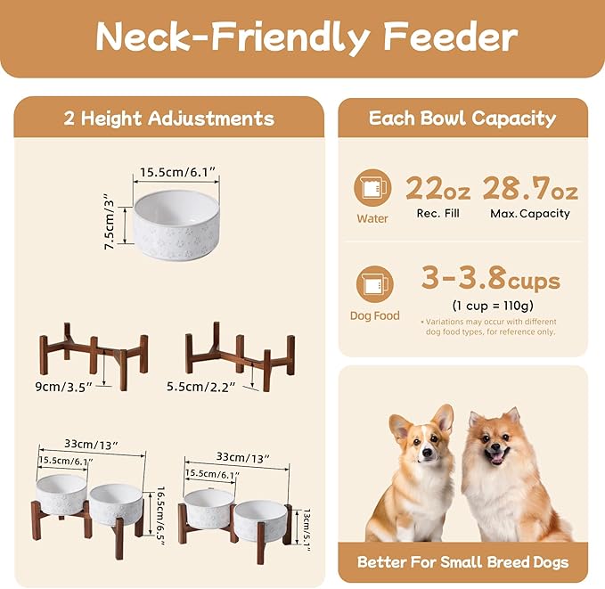 Havniva 6.1" Elevated Dog Bowls Ceramic Raised Dog Bowl with Non-Slip Stand (Acacia Wood) Two Height Options, Dog Food & Water Bowl for Small & Medium Breed Dogs - 3.4 Cups 27 oz