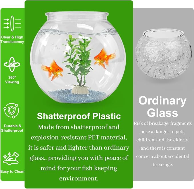 Plastic Goldfish Fish Bowl Drum Clear Aquarium Starter Kits | High Transparent Round Acrylic Fish Tank with 1 Artificial Aquatic Plant and 1 Bag Mini Ornamental Stones, 0.72Gallon/ 2.75L