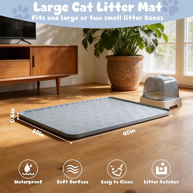 JUJOMAT Cat Litter Box Mat, 40"*28" Large Silicone Cat Litter Trapping Mat Non-Slip Gray Kitty Litter Mat for Indoor Cats, Waterproof Pet Food Mats Easy to Clean & Soft on Kitty Paws