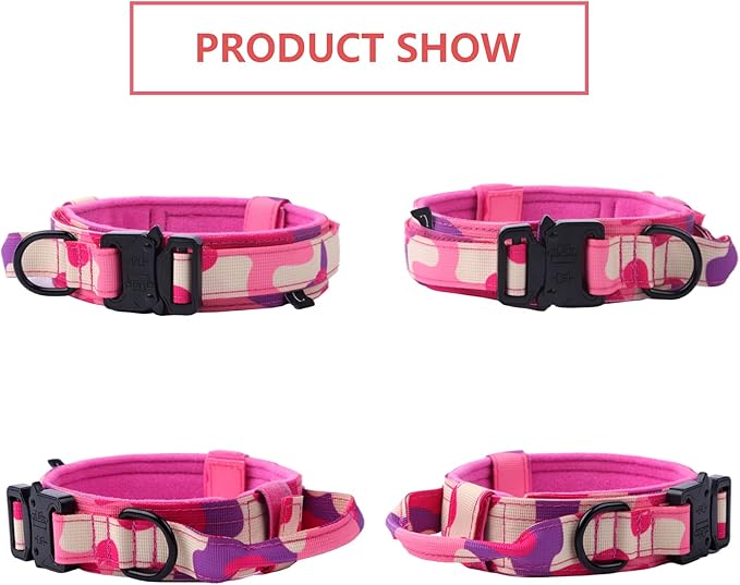 Xqpetlihai Tactical Dog Collar Adjustable Military Nylon Dog Collar with Control Handle and Heavy Duty Metal Buckle for Medium and Large Dogs (Pink Camo,S)