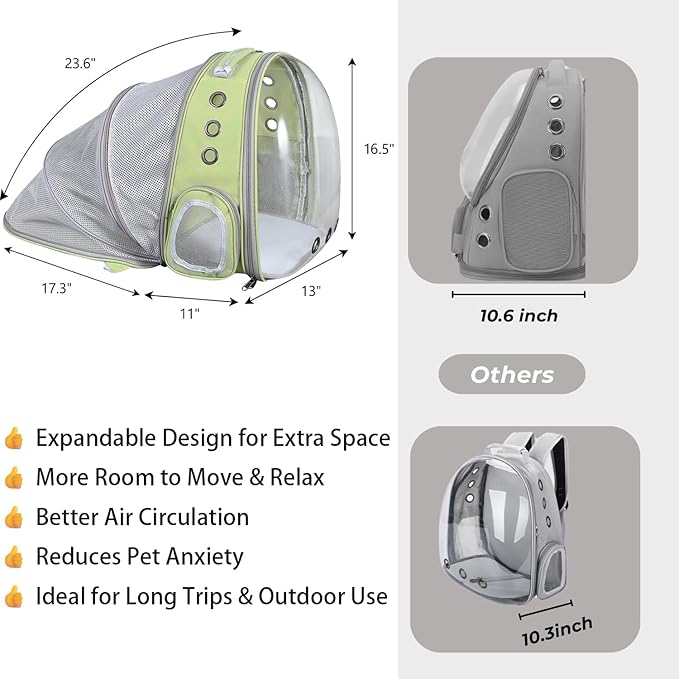 Pet Carrier Backpack Expandable for Cats and Small Dogs, Breathable Anti-Collapse Design, Airline Approved Travel Backpack for Hiking and Outdoor Use (Back Expandable-LightGreen)