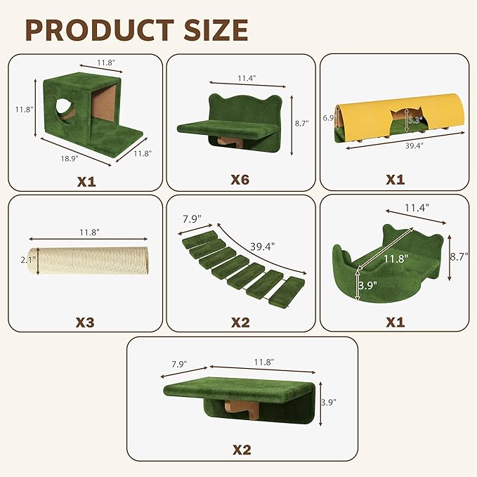 Cat Wall Shelves, Wall Mounted Cat Shelf Furniture with Plush Fabric(16 Piece Set), Cats Furniture with 40''L Tunnel, Condos, House, Steps, Bridge Ladder and Scratching Post, Green