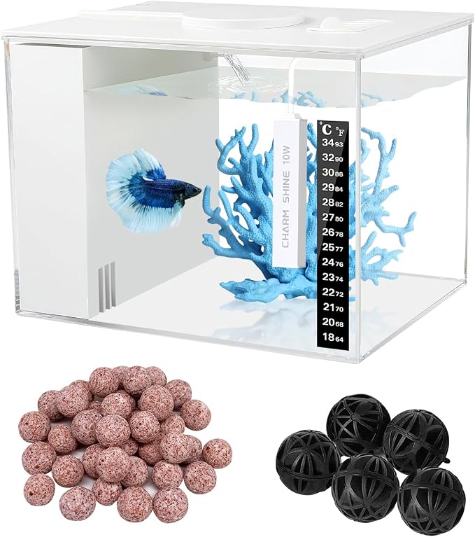 Fish Tank Betta Starter Kit 1 Gallon Desktop Small Aquarium Kit with 10W Heater LED Light and Filter Media & Water Pump– Compact Aquarium for Betta Fish, Small Fish, Shrimp, or Plants
