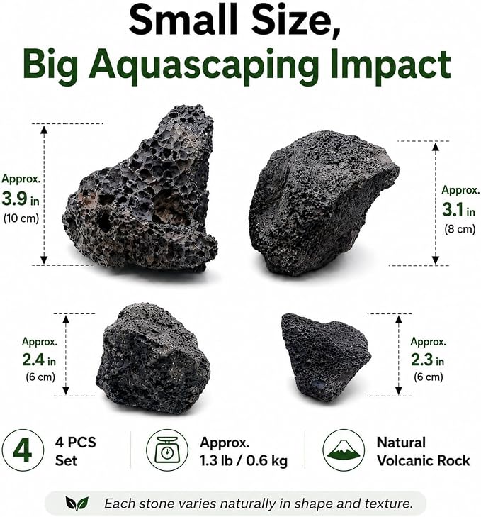 2–3.1 Inches Natural Black Lava Rocks, 4PCS Small Aquarium Rocks for Aquascaping, Fish Tank Decor, Nano Tanks, Terrariums & Reptile Enclosures (Small 2–3.1 in)